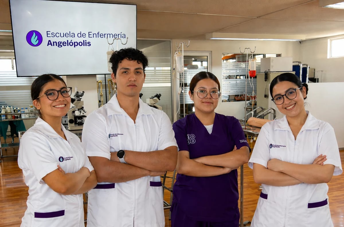 Four nursing students in white and purple uniforms posing with crossed arms in a classroom at Escuela de Enfermeria Angelopolis