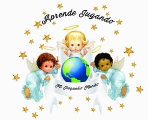 Three cherub angels with different skin tones surrounding Earth, surrounded by gold stars with text Aprende Jugando and Mi Pequeno Mundo