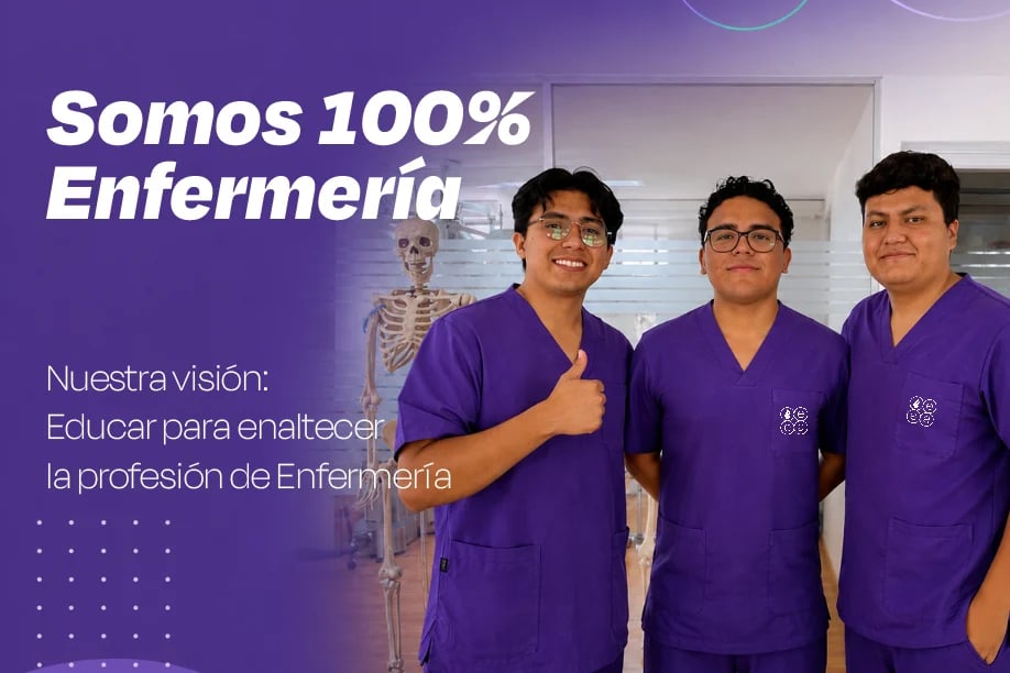 Three male nursing students in purple scrubs smiling at camera with skeleton model and medical facility in background
