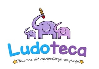 Ludoteca logo featuring three purple elephants and stars with the text Hacemos del aprendizaje un juego
