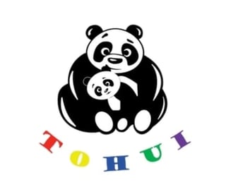 Adult panda holding baby panda with colorful letters spelling OHUPI below