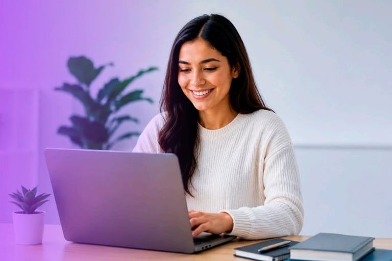 Woman in white sweater working on laptop at desk with plant and phone, purple lighting background
