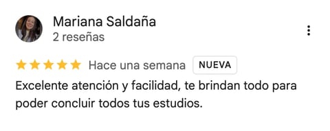 Review by Mariana Saldaña with 5-star rating praising excellent service and support for completing studies