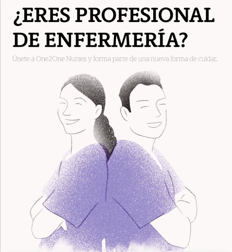 Illustration of two healthcare professionals in purple scrubs with Spanish text asking if you are a nursing professional