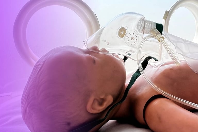 Newborn baby receiving oxygen therapy through a transparent mask against a purple-lit background