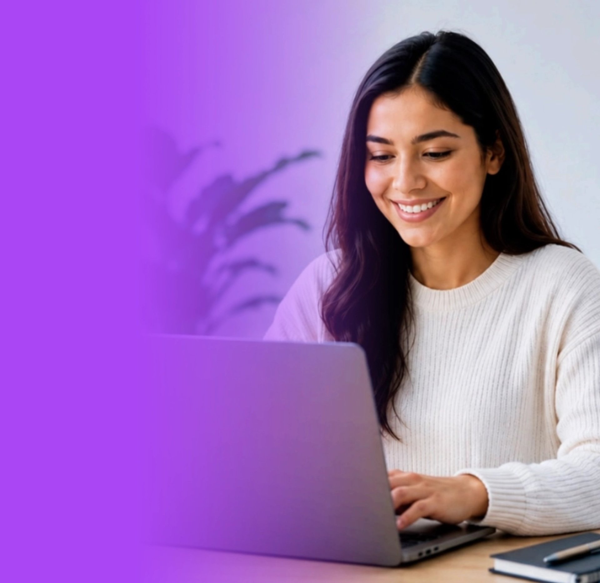 Young woman smiling while working on laptop against purple gradient background with wifi symbol