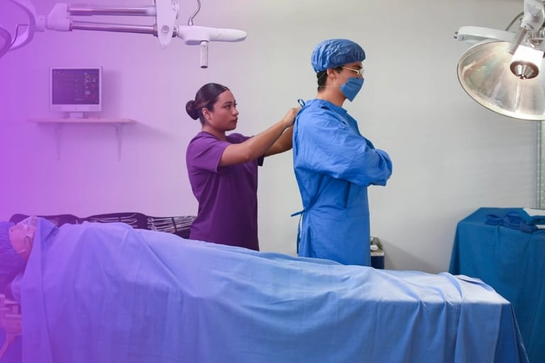 Medical professionals in surgical attire preparing a patient in an operating room with surgical lighting and equipment