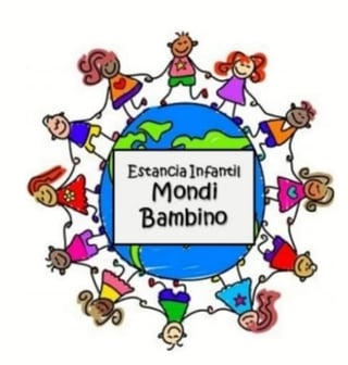 Diverse children holding hands in a circle around Earth with Estancia Infantil Mondi Bambino text