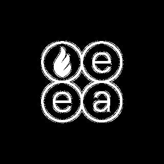 Logo with four circles arranged in a grid: flame icon, letter e, letter e, and letter a