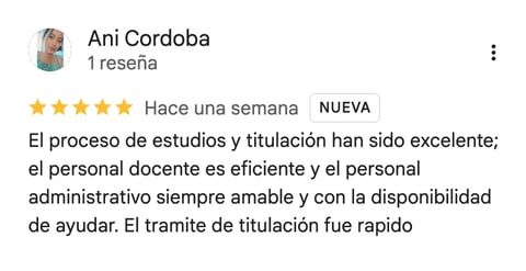 Five-star review by Ani Cordoba praising excellent education process, efficient teaching staff, and helpful administrative support