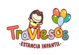 Traviesos Estancia Infantil logo featuring a cartoon girl with colorful balloons and playful text design