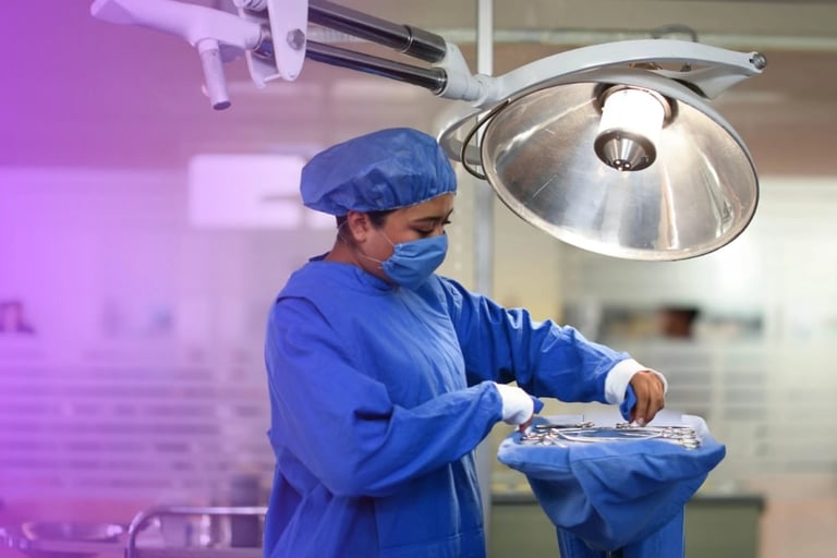 Surgeon in blue scrubs and surgical cap preparing surgical instruments under an operating room light