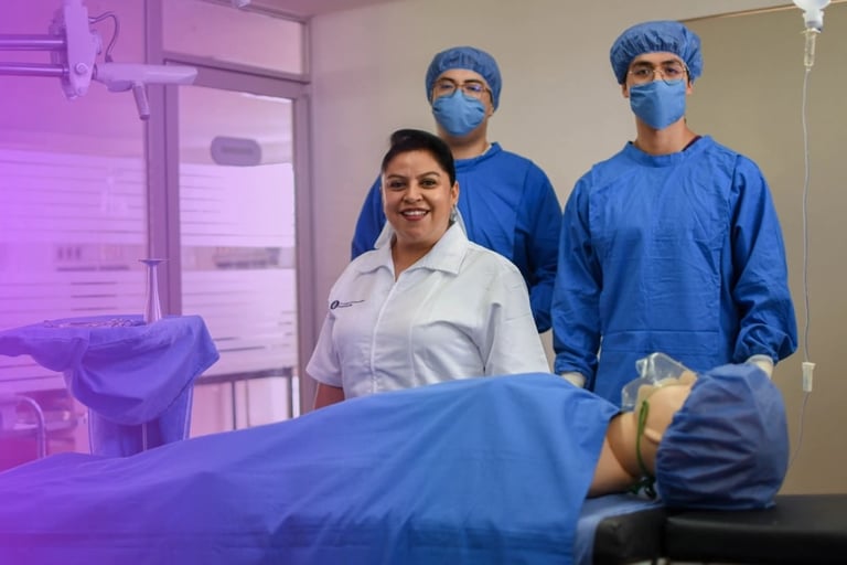 Three medical professionals in surgical attire stand in an operating room with purple lighting and medical equipment visible.